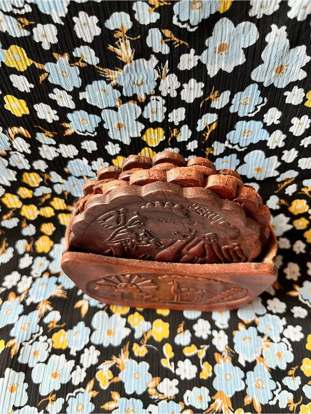 Vintage Handcrafted Peruvian Leather Coaster (4) set with Holder